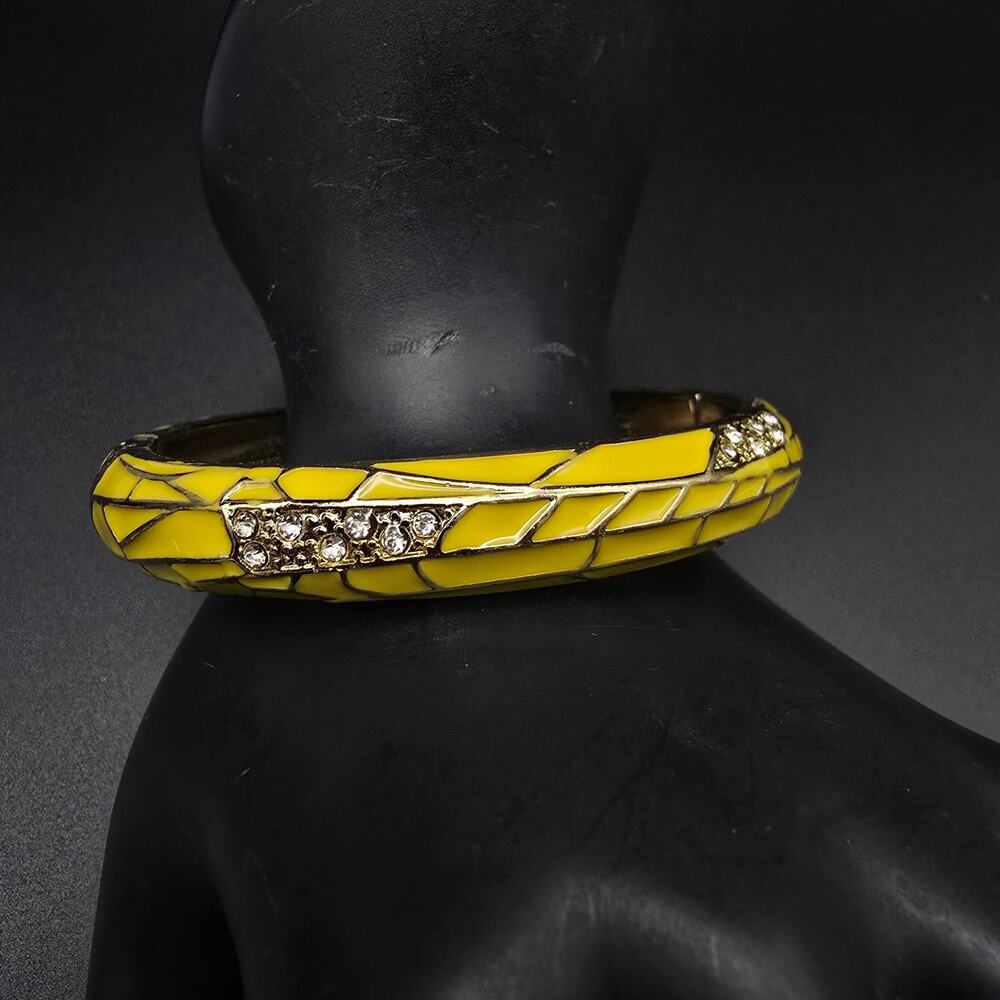 Sequin Yellow Enamel Bangle Bracelet with Rhinestones